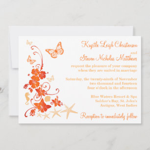 Invitación Boda de playa Arena, Naranja, blanco Flores