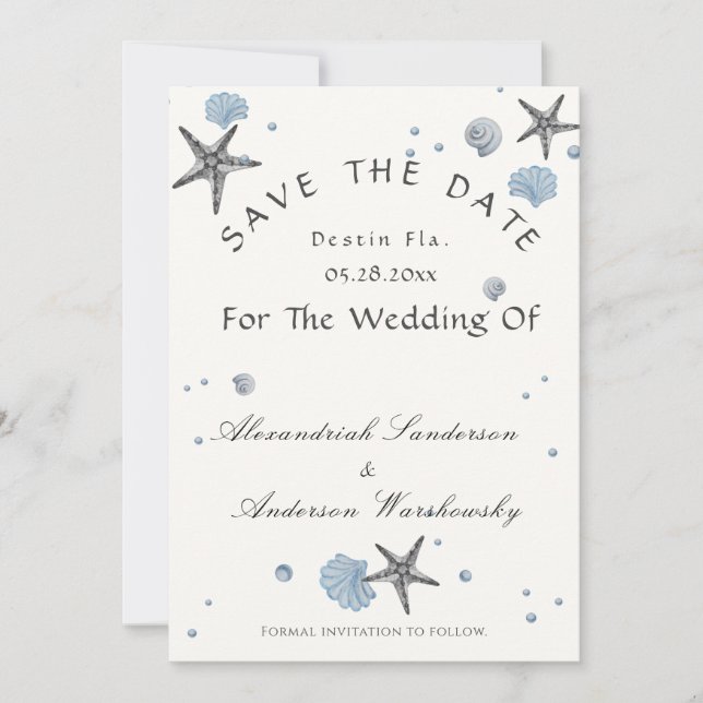 Invitación Boda De Playa Azul Gris Starfish Salvar La Fecha (Anverso)