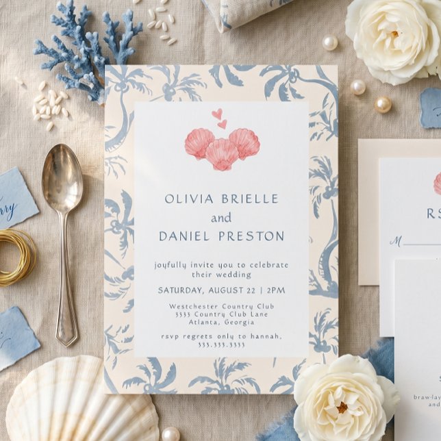 Invitación Boda de playa azul Toile rosa conchas marinas (Subido por el creador)