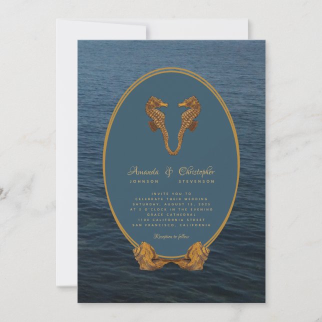 Invitación Boda de Playa Baile del Caballo de Mar Oro Náutico (Anverso)