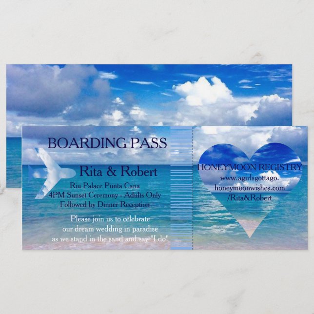 Invitación Boda de playa| Billete de embarque Destino (Anverso / Reverso)