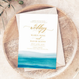Invitación Boda de playa con acuarela oceánica Gold Script
