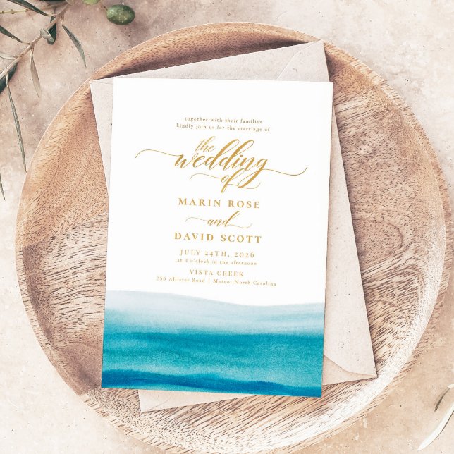 Invitación Boda de playa con acuarela oceánica Gold Script (Subido por el creador)