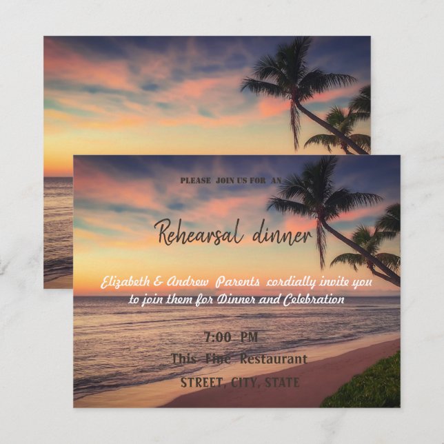 Invitación Boda de playa con atardecer, cena de ensayo de pal (Anverso / Reverso)