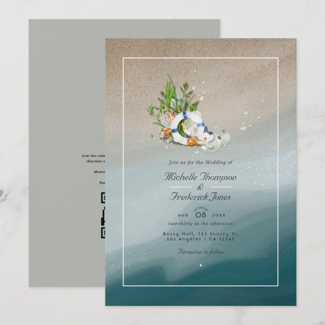 Invitación Boda de playa con código QR para RSVP de verano ge (Anverso / Reverso)