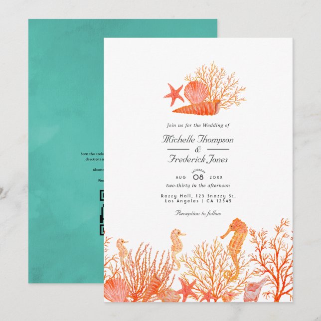 Invitación Boda de Playa con Código QR RSVP Turquesa y Coral (Anverso / Reverso)