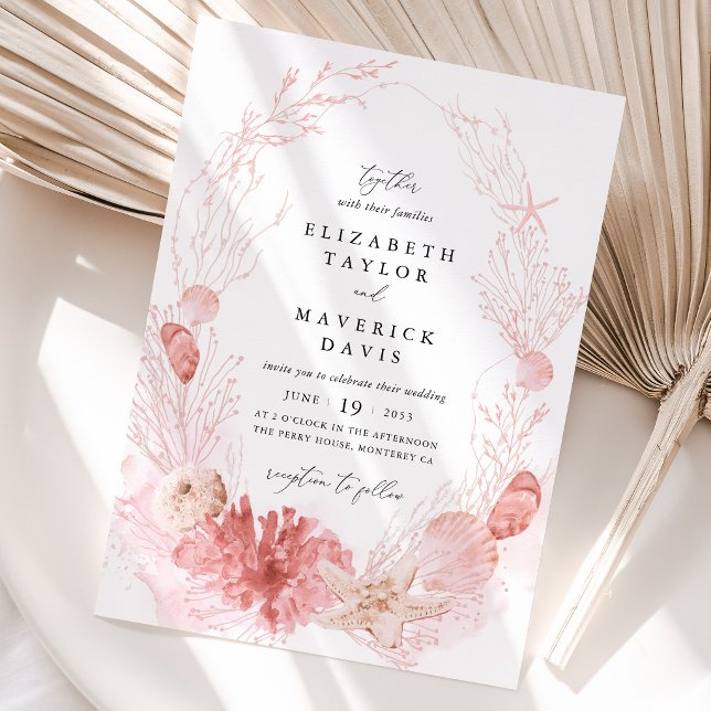 Invitación Boda de Playa con Conchas Costeras Rosadas (Beach Wedding Invitation Blush Coastal Seashell Invitation Pink Ocean Destination Wedding Card)