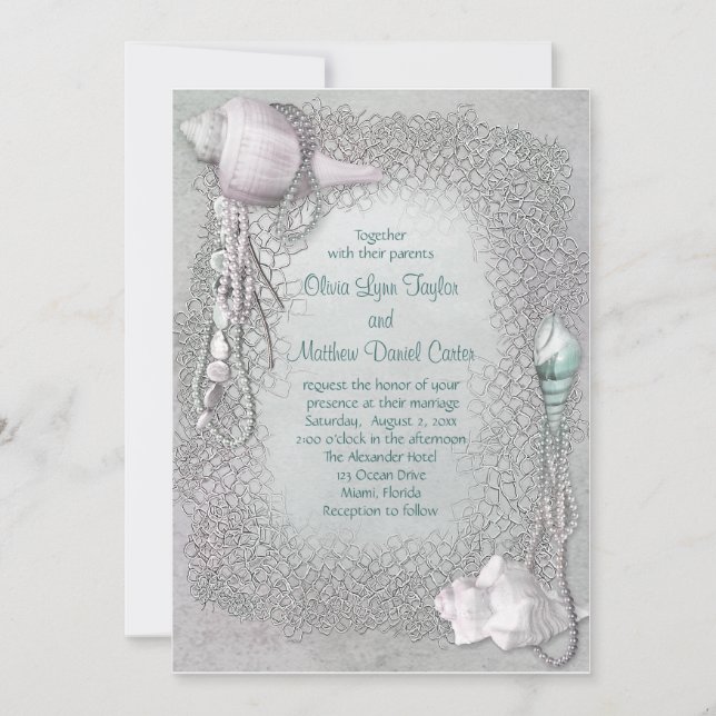 Invitación Boda de playa con conchas de mar (Anverso)