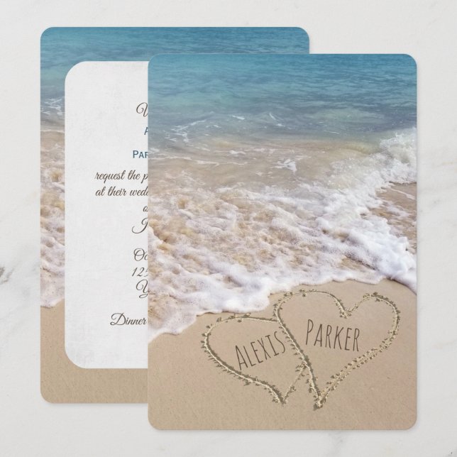 Invitación Boda de playa con corazones (Anverso / Reverso)