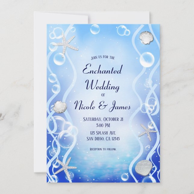 Invitación Boda de playa con desvanecimiento azul mágico bajo (Anverso)