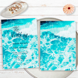 Invitación Boda de Playa con Espuma de Océano Azul de Verano 