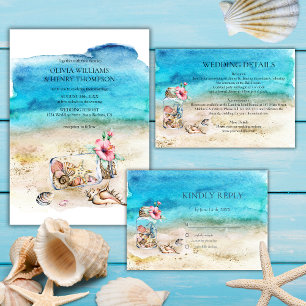 Invitación Boda de playa con estrellas de mar y conchas al ag
