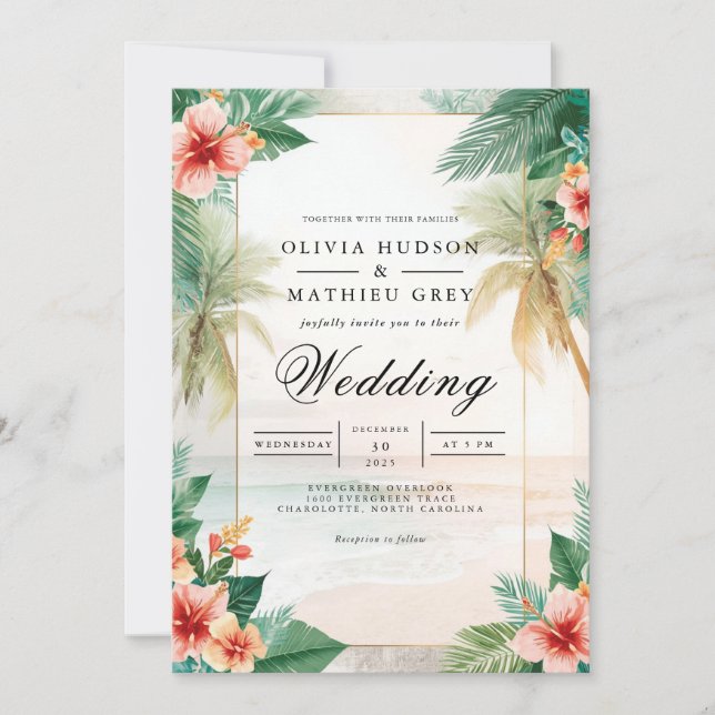 Invitación Boda de Playa con Flores de Palmera (Anverso)