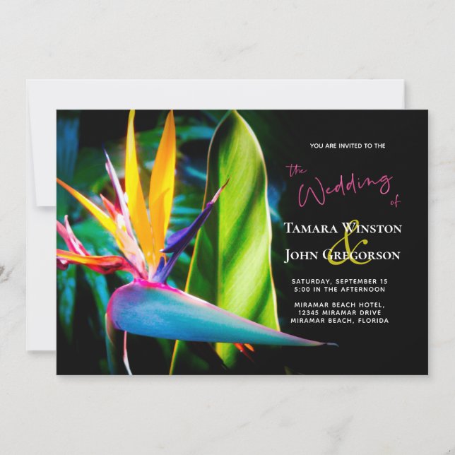 Invitación Boda de Playa con Flores Oscuras en Paraíso de Ave (Anverso)