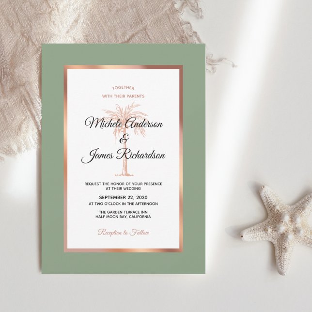 Invitación Boda de Playa con Palma de Oro Rosa Salvia Cobre (Subido por el creador)
