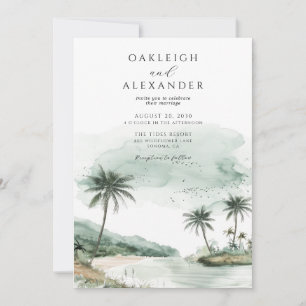 Invitación Boda de playa con palmeras tropicales al aguarela