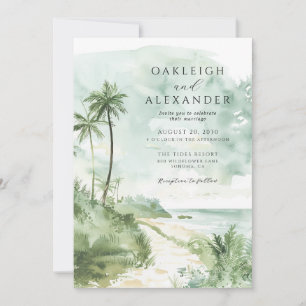Invitación Boda de playa con palmeras tropicales en acuarela