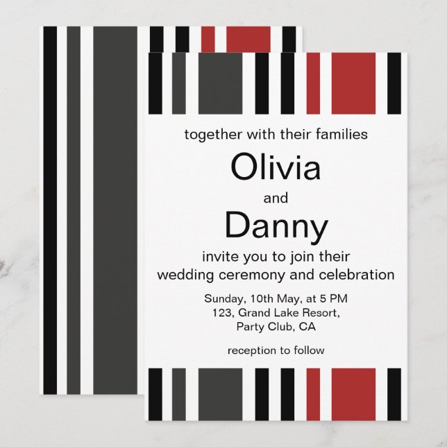 Invitación Boda de Playa con Rayas Verticales Rojo Negro Gris (Anverso / Reverso)