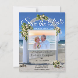 Invitación Boda de playa con rosas floribundos blancos