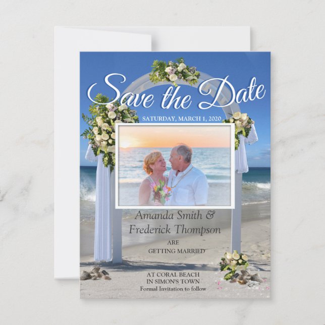 Invitación Boda de playa con rosas floribundos blancos (Anverso)