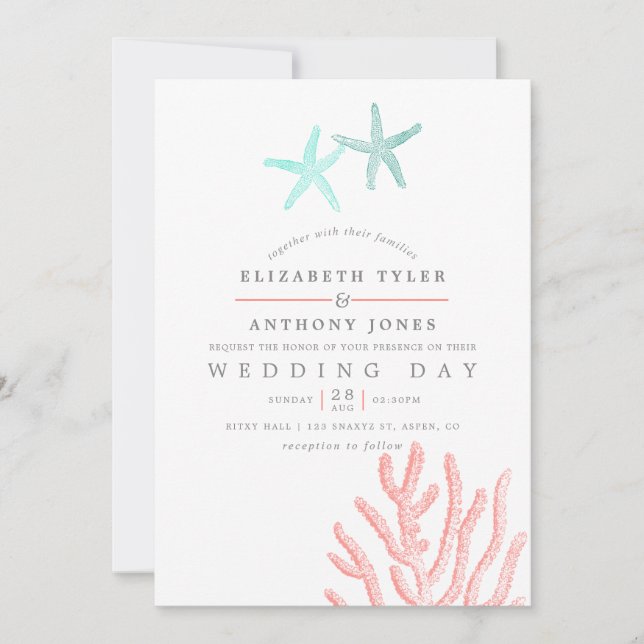 Invitación Boda de playa con tema de turquesa y coral (Anverso)