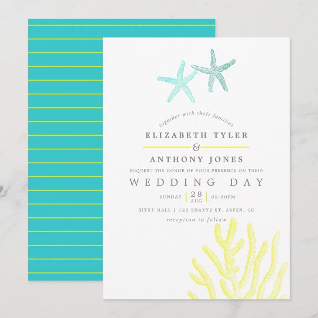 Invitación Boda de playa con tema turquesa y amarillo (Anverso / Reverso)