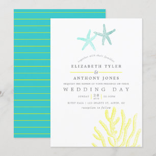 Invitación Boda de playa con tema turquesa y amarillo