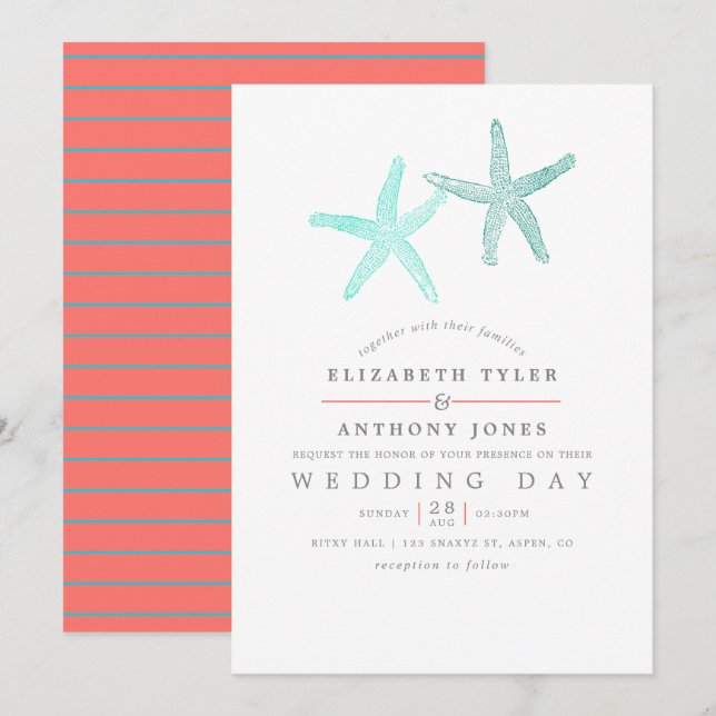 Invitación Boda de playa con tema turquesa y coral (Anverso / Reverso)