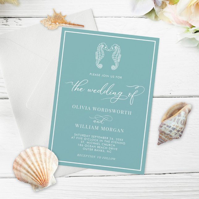 Invitación Boda de playa costera con caballito de mar azul (Subido por el creador)