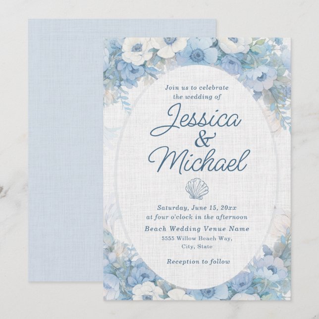 Invitación Boda de Playa Costera Floral Blanco Azul  (Anverso / Reverso)