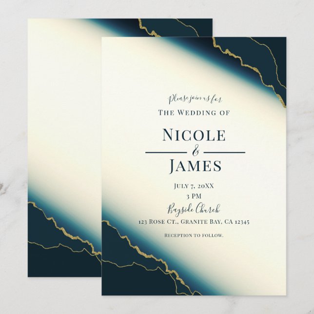 Invitación Boda de playa costera moderna azul y dorada de la  (Anverso / Reverso)