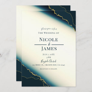 Invitación Boda de playa costera moderna azul y dorada de la 