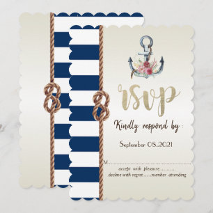 Invitación Boda de playa cuerda naval, rayada RSVP