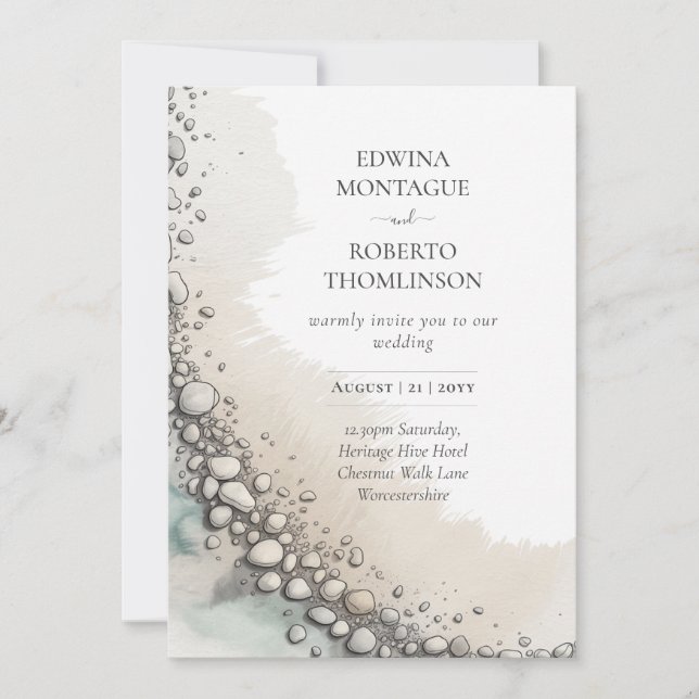 Invitación Boda de playa de acuarela de costa de guijarros de (Anverso)