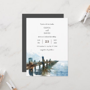 Invitación Boda de playa de acuarela Océano Rústico de madera