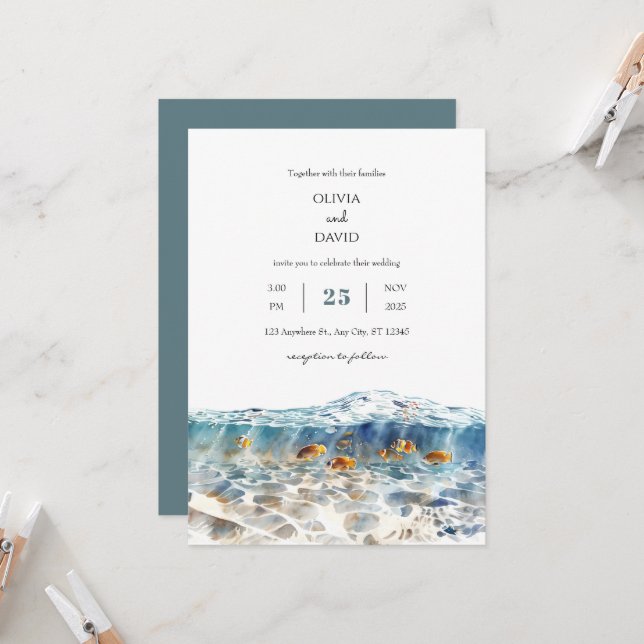 Invitación Boda de playa de arena con peces tropicales (Anverso/Reverso In Situ)