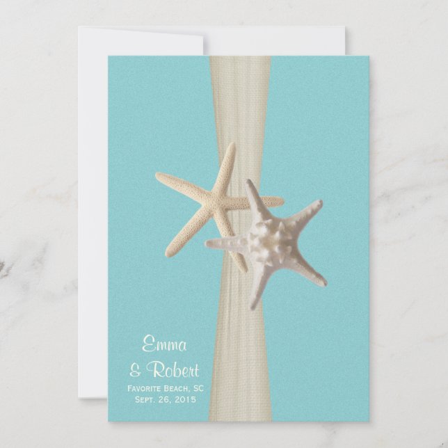 Invitación Boda de playa de Burlap y Starfish Aqua (Anverso)