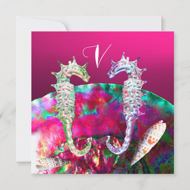 Invitación BODA DE PLAYA DE CABALLITOS DE MAR MONOGRAMA, Rosa (Anverso)