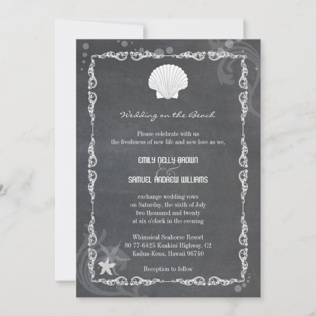 Invitación Boda de playa de Chalkboard moderna con caparazón  (Anverso)