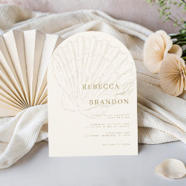 Invitación Boda de Playa de Concha Costera Marfil y Oro Arco