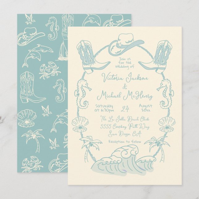 Invitación Boda de playa de Cowboy en la costa tropical dibuj (Anverso / Reverso)