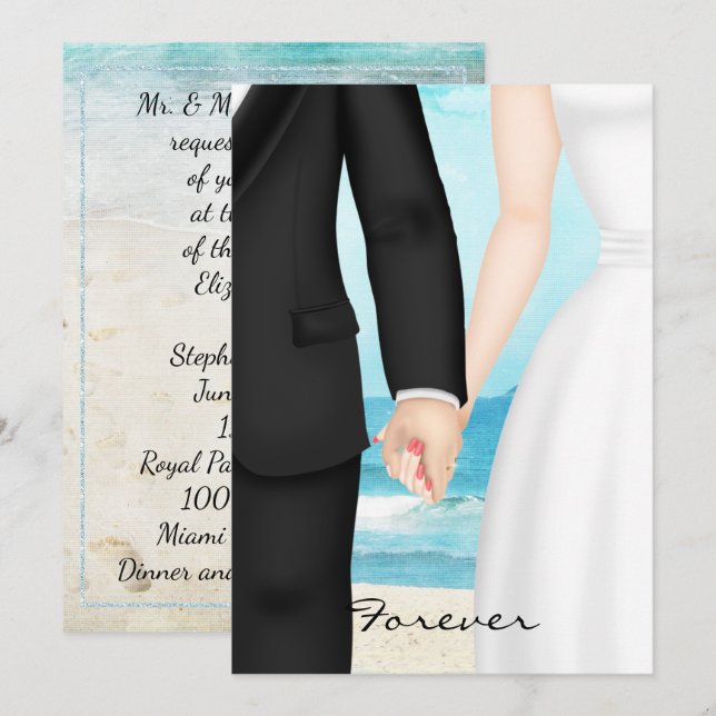 Invitación Boda de playa de destino con novia y novio (Anverso / Reverso)