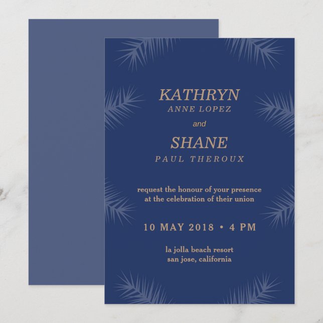 Invitación Boda de playa de hojas blancas azules oscuras (Anverso / Reverso)