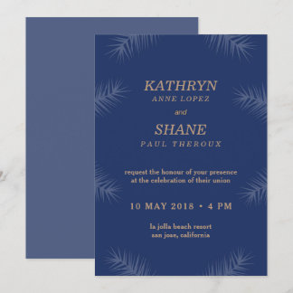 Invitación Boda de playa de hojas blancas azules oscuras