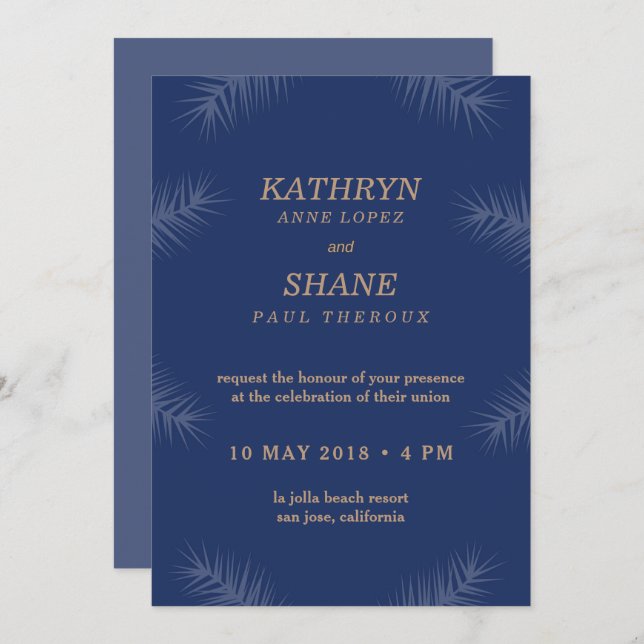 Invitación Boda de playa de hojas blancas azules oscuras (Anverso / Reverso)