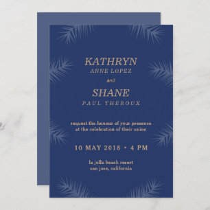 Invitación Boda de playa de hojas blancas azules oscuras