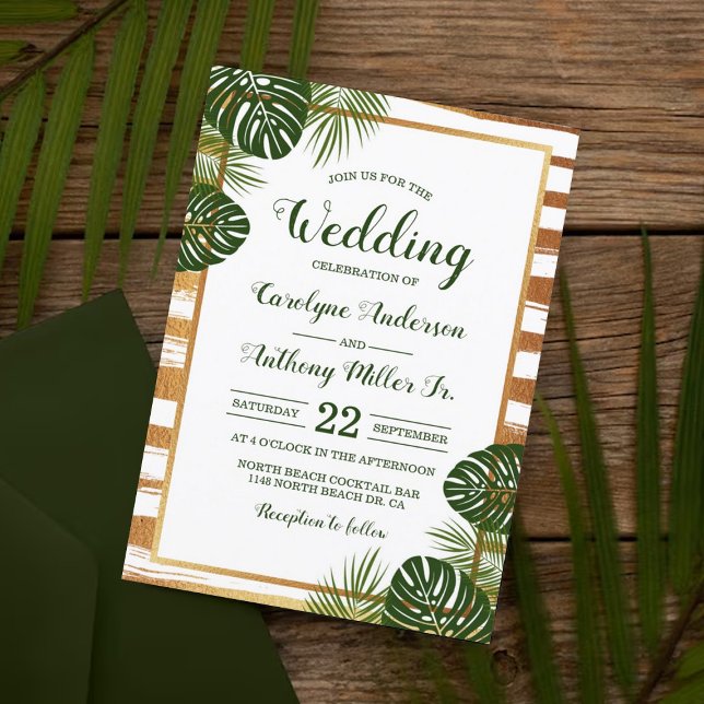 Invitación Boda de playa de hojas de palmera verde y Relieve  (Subido por el creador)
