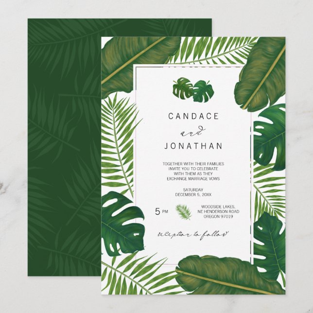 Invitación Boda de playa de hojas tropicales pintadas (Anverso / Reverso)