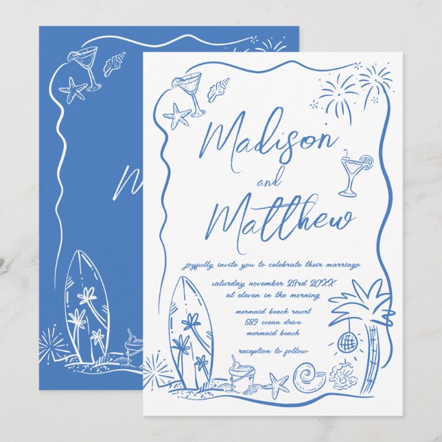 Invitación Boda de playa de Ilustraciones de cartón de mano d (Anverso / Reverso)
