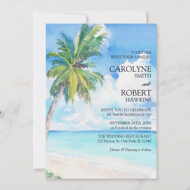 Invitación Boda de playa de Isla Tropical con Palmeras Mínima (Anverso)